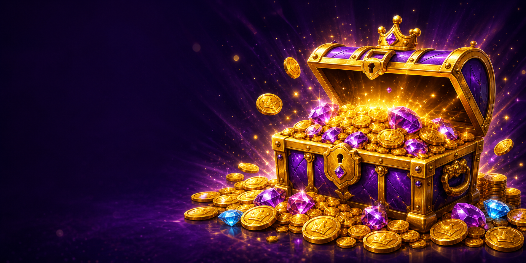 A glowing Jackpot Tycoon treasure chest overflowing with rewards