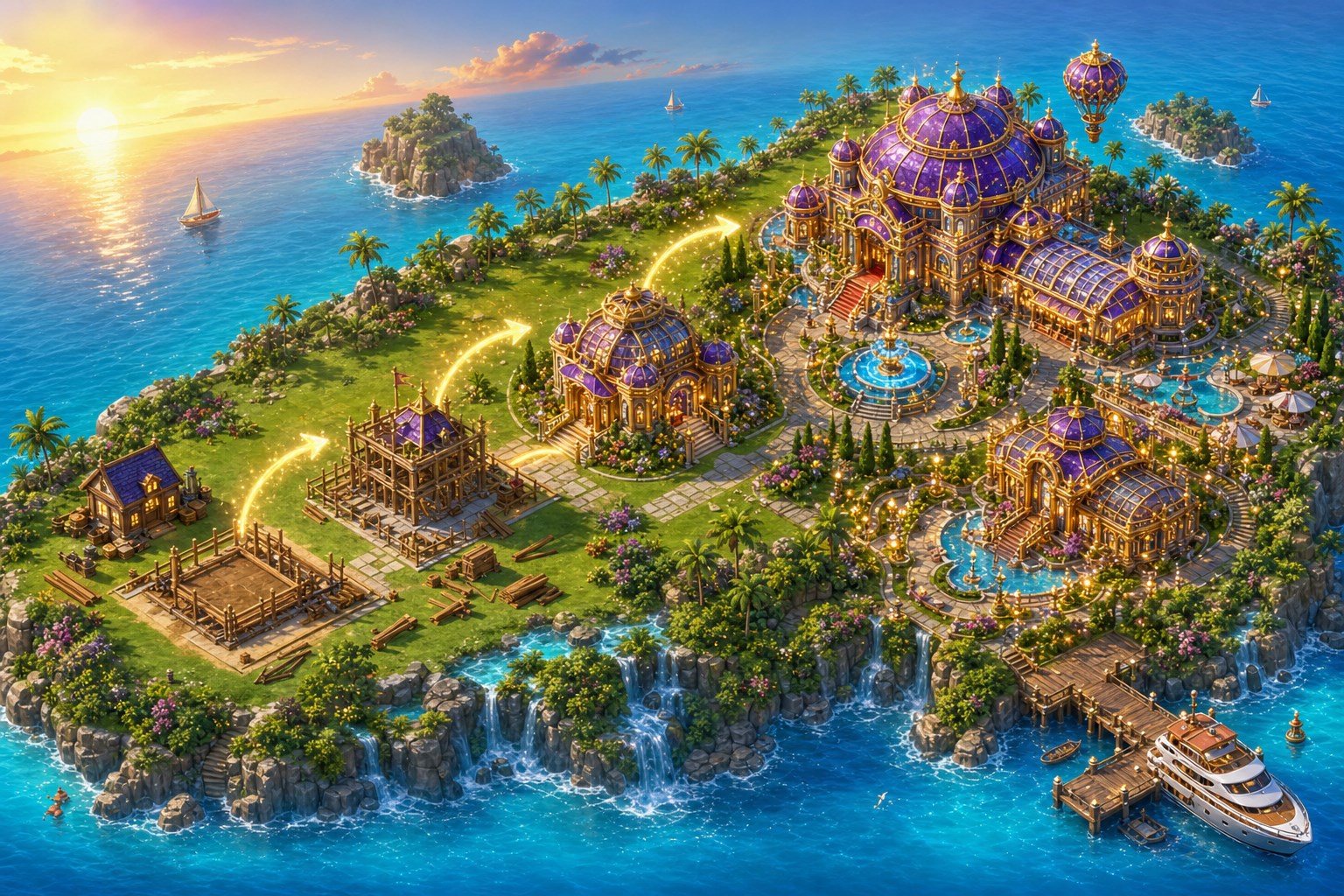 A Jackpot Tycoon island transforming from a construction site into a magnificent casino resort