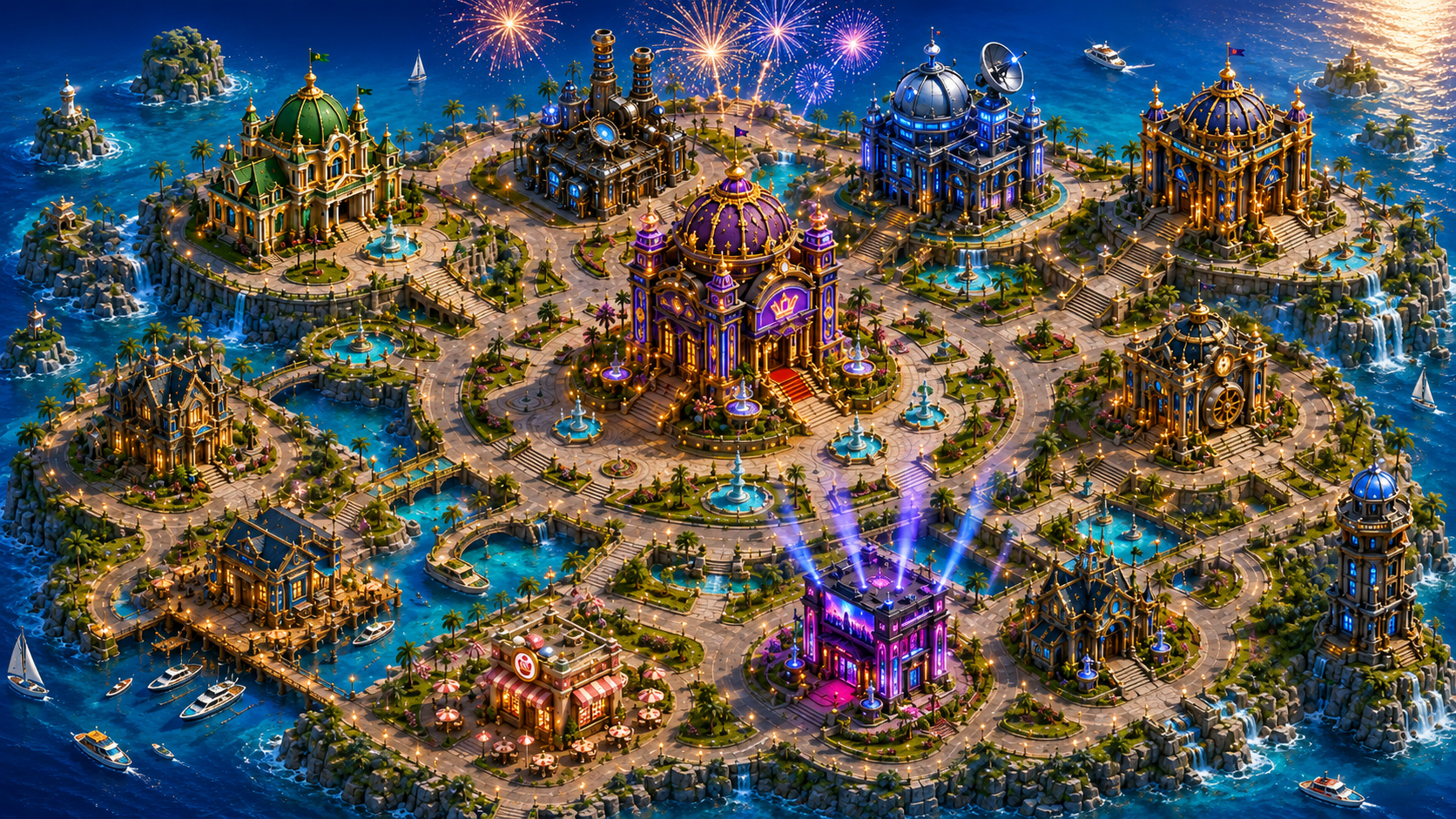 A spectacular purple-and-gold Jackpot Tycoon casino island celebrating beneath fireworks