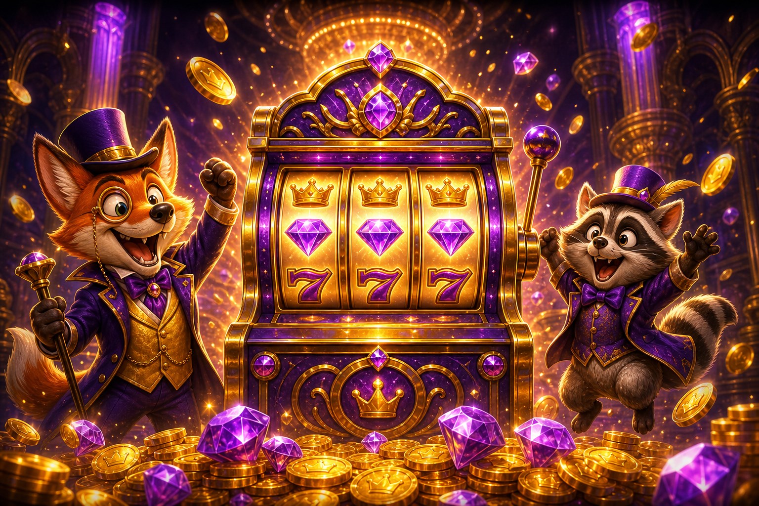 A fox tycoon and lucky raccoon celebrating a crown and diamond jackpot