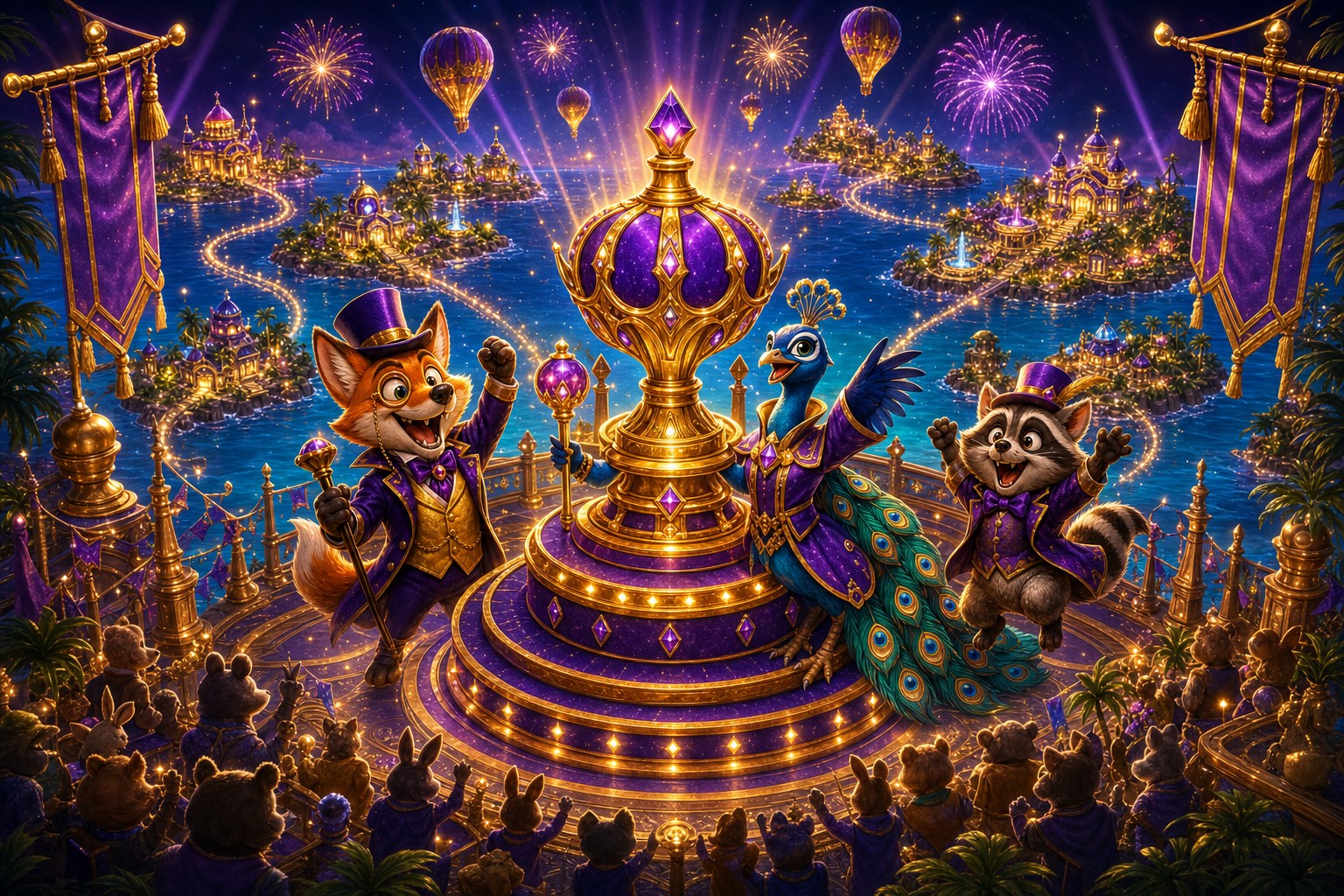 Three Jackpot Tycoon mascots celebrating around a royal tournament trophy