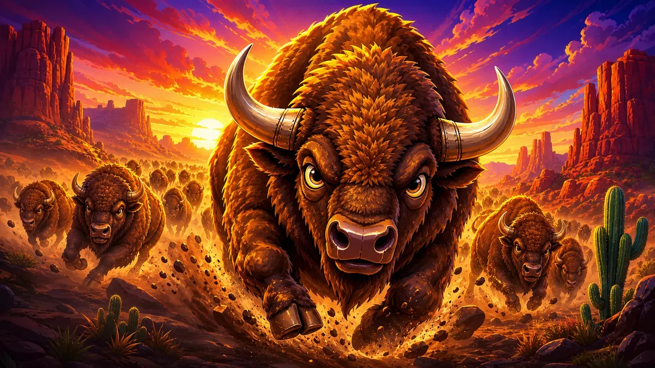 Badass Buffalo slot charging across a blazing western frontier