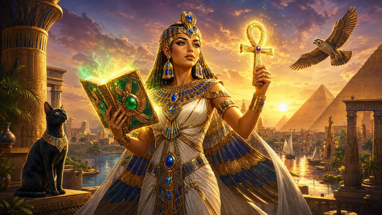 Book of Isis overlooking a radiant ancient Egyptian kingdom