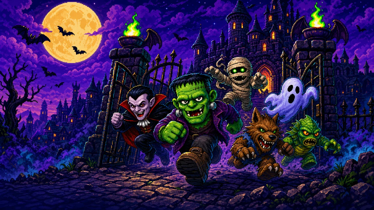 Micro Monsters charging from a moonlit pixel castle