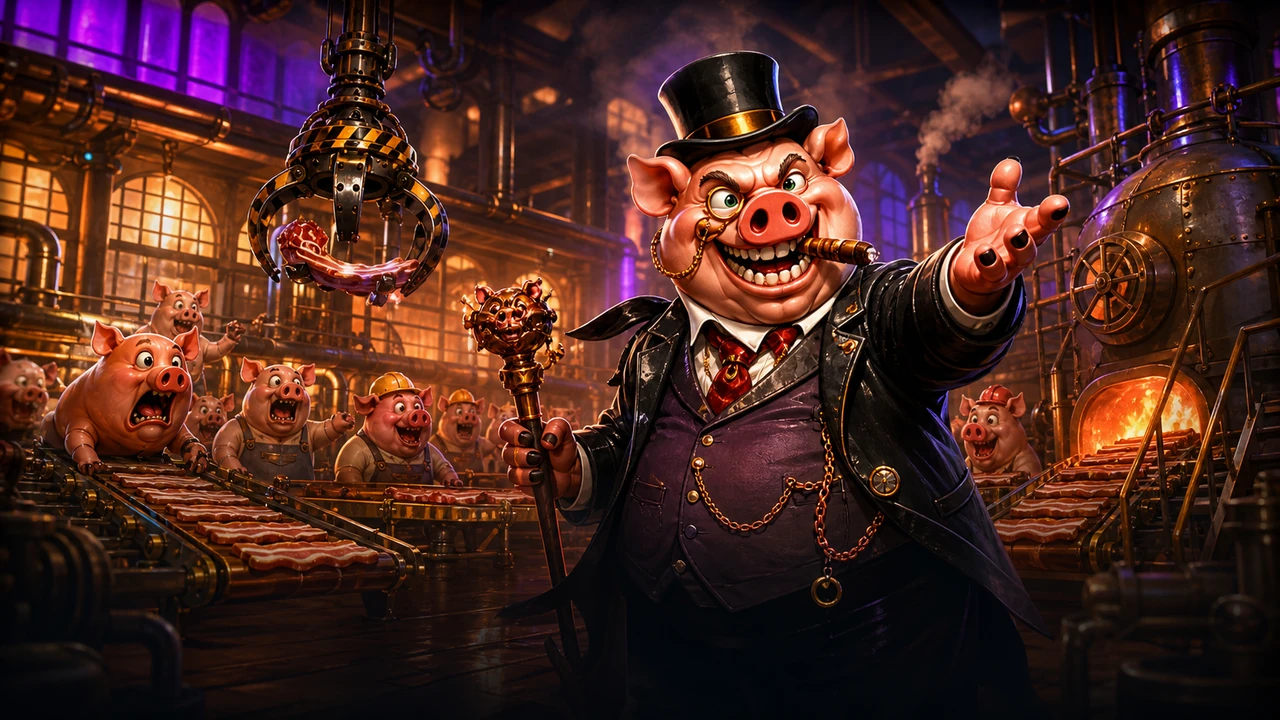 Pork Factory slot featuring a powerful pig tycoon and a fiery factory