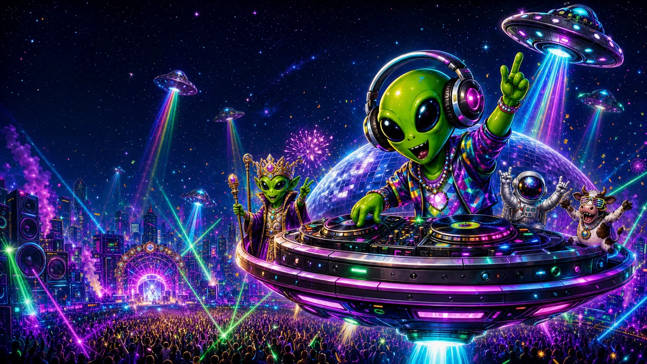 Alien ravers and a neon spacecraft invading an intergalactic dancefloor